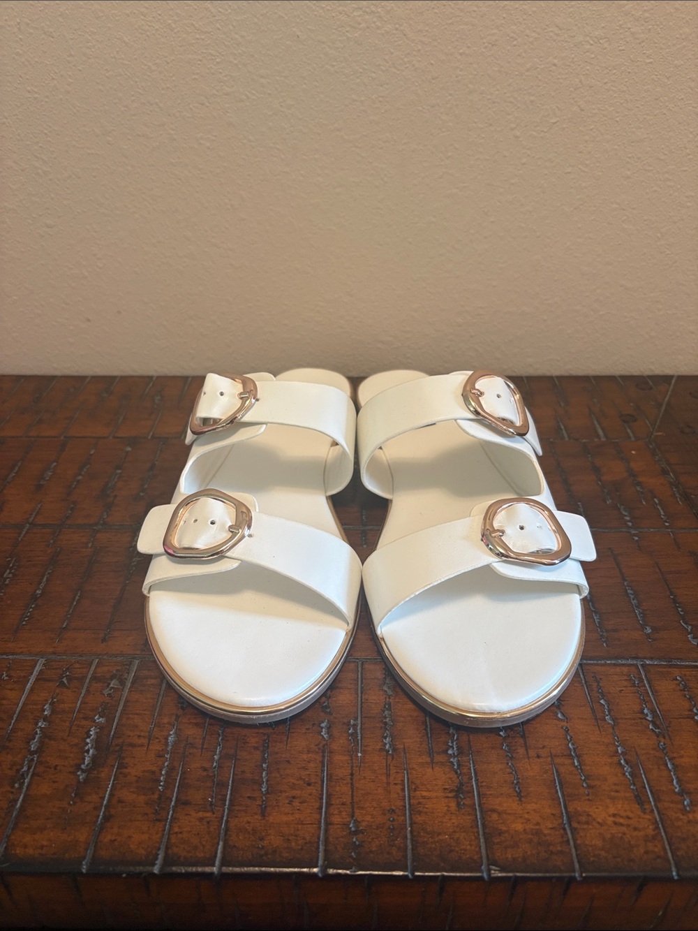 RACHEL Rachel Roy White Double-Buckle Slide Sandals with Gold Buckles - Picture 3 of 7